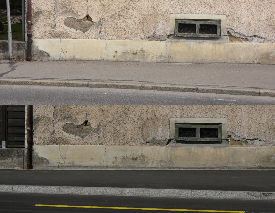 « Trouvez les différences ! » Après comparaison de l’état avant et après les travaux, le verdict est clair : la route et le trottoir ont été remis en état, tandis que les dommages à la façade de l’immeuble sont demeurés inchangés.