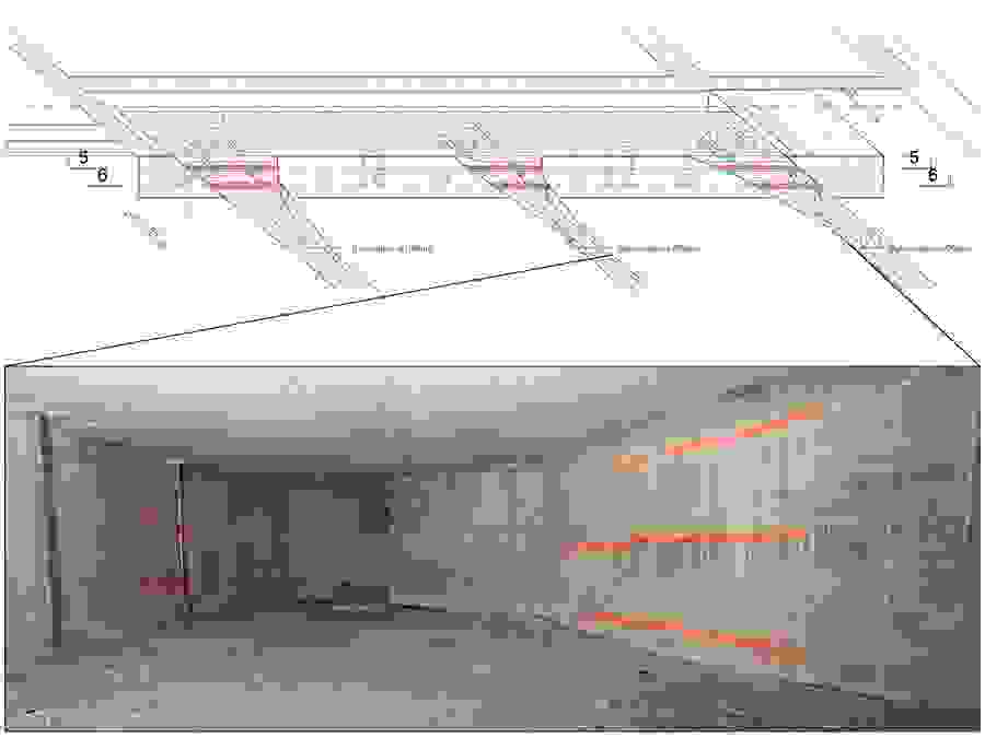 Quatre forages traversant les trois poutres longitudinales doivent être effectués au niveau des culées (en rouge sur le plan). Les câbles de précontrainte existants (en vert sur le plan et en orange sur la photo) ne doivent en aucun cas être endommagés.