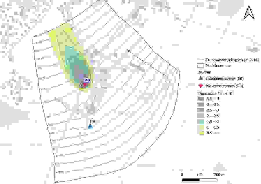 Thermische Kälte-Fahne bei der geplanten Grundwasserentnahmemenge im Grundwasserstrom im April nach 20 Betriebsjahren.