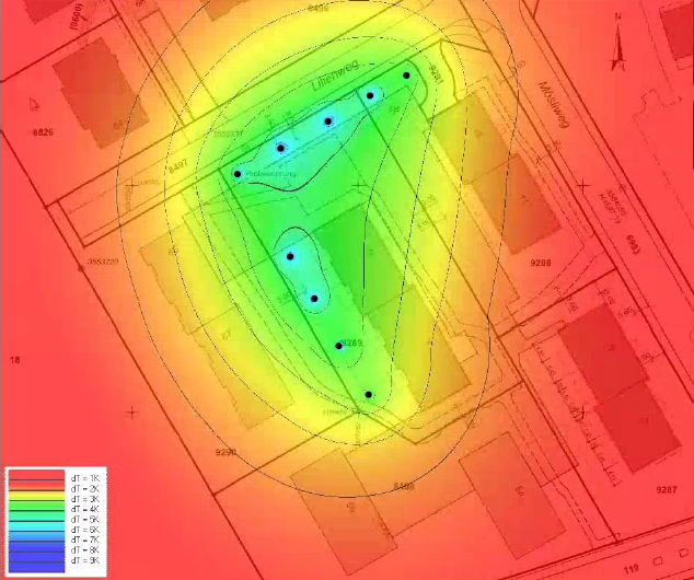 ...et avec optimisation, c.-à-d. la minimisation de l’influence thermique réciproque des sondes (bleu = refroidissement élevé, rouge = refroidissement modéré).