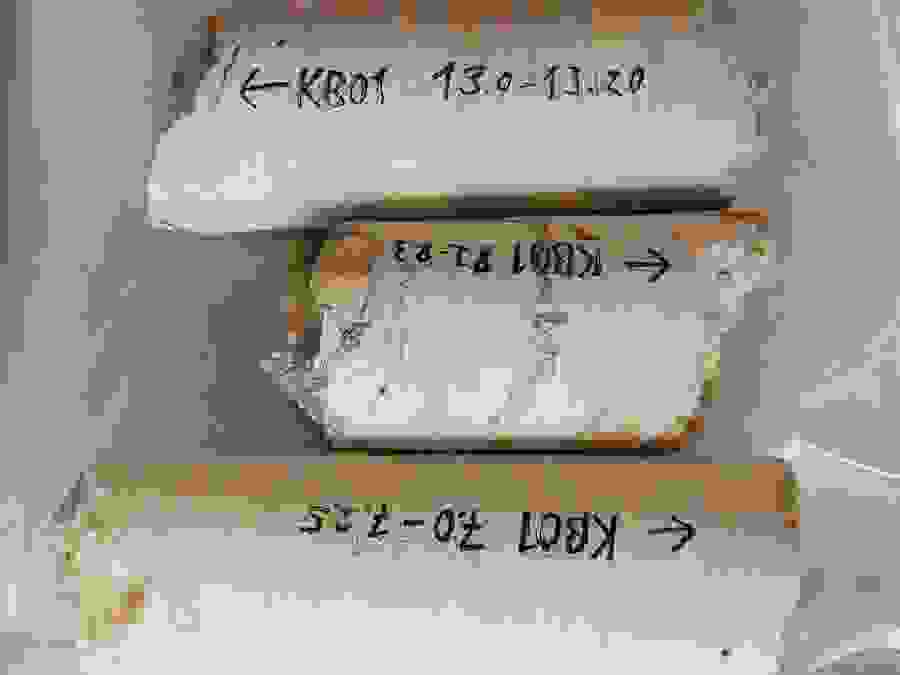 Drill-core sections selected to determine the uniaxial compression strength.