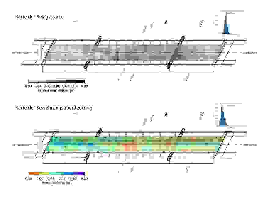 Les données ainsi collectées ont permis de calculer et de cartographier l’épaisseur du revêtement ainsi que l’enrobage de béton de l’armature sur l’ensemble de la surface.
