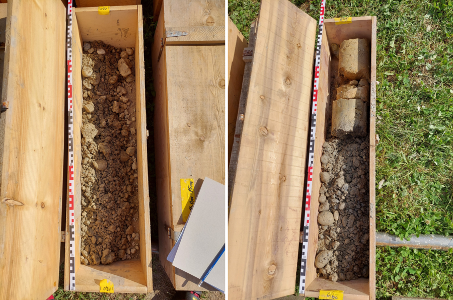 Hydrogeologische Vorerkundung Links: Schotterkörper in 13-14 m Tiefe. Rechts: Übergang vom Schotter zum Molassefelsen in 29 – 30 m Tiefe.