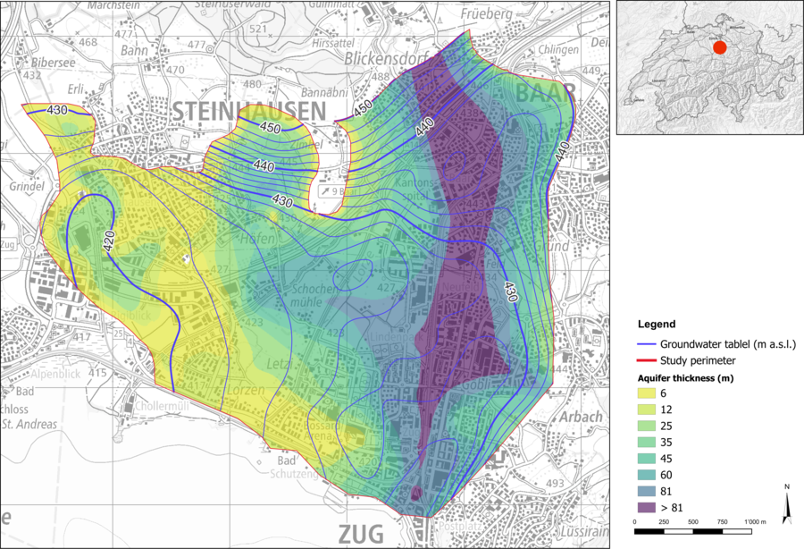 Groundwater level and thickness of the deep groundwater deposit within study perimeter. Groundwater level and thickness of the deep groundwater deposit within study perimeter.