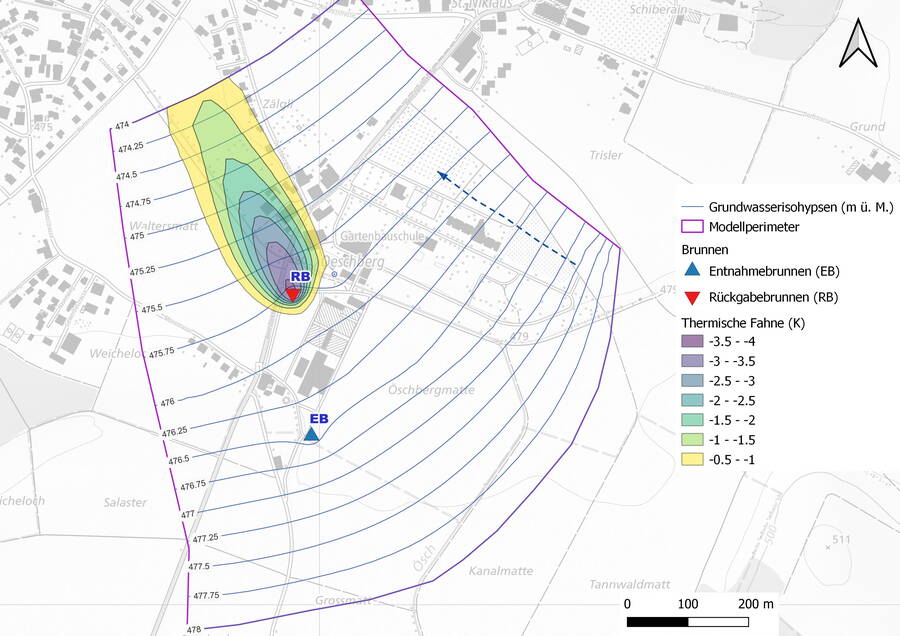Hydrogeologische Vorerkundung Thermische Kälte-Fahne bei der geplanten Grundwasserentnahmemenge im Grundwasserstrom im April nach 20 Betriebsjahren.