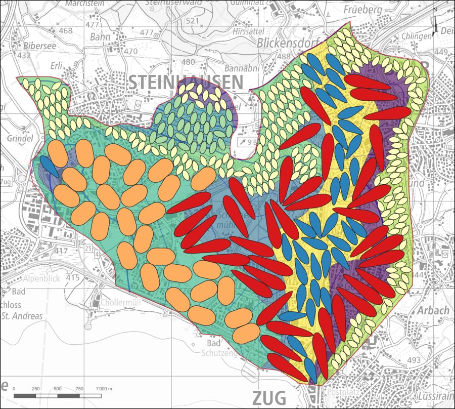 Results of the packing algorithm for the placement of doublet wells for apartment buildings (heating capacity 60 kW, balanced energy load profile). Results of the packing algorithm for the placement of doublet wells for apartment buildings (heating capacity 60 kW, balanced energy load profile).